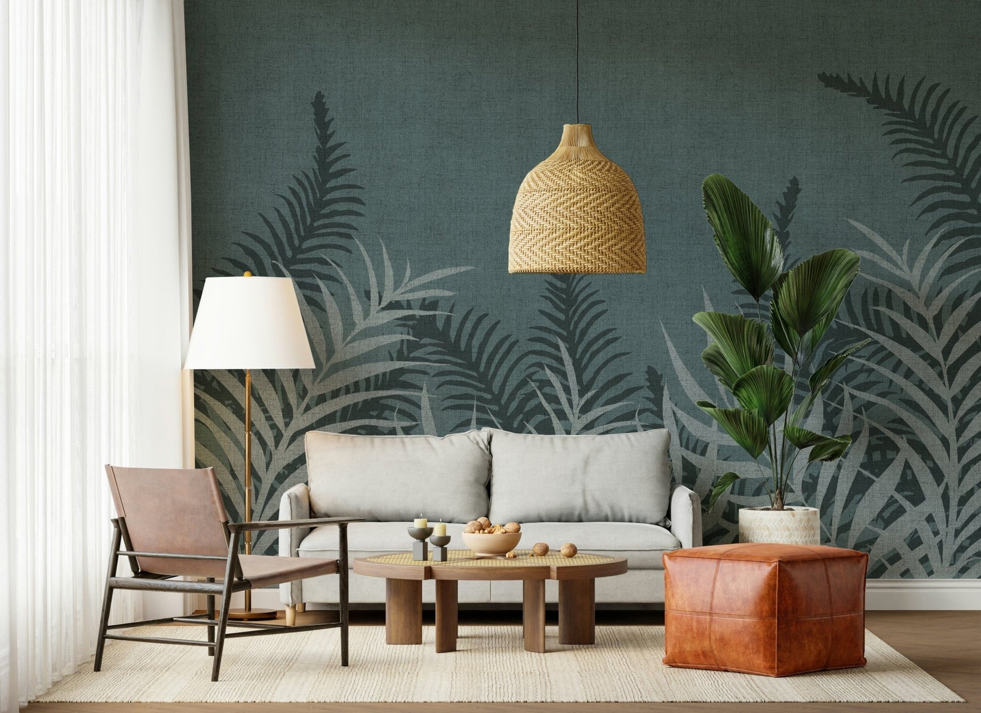 Lush green and grey Fog wall mural palm leaves fabric texture home decor.