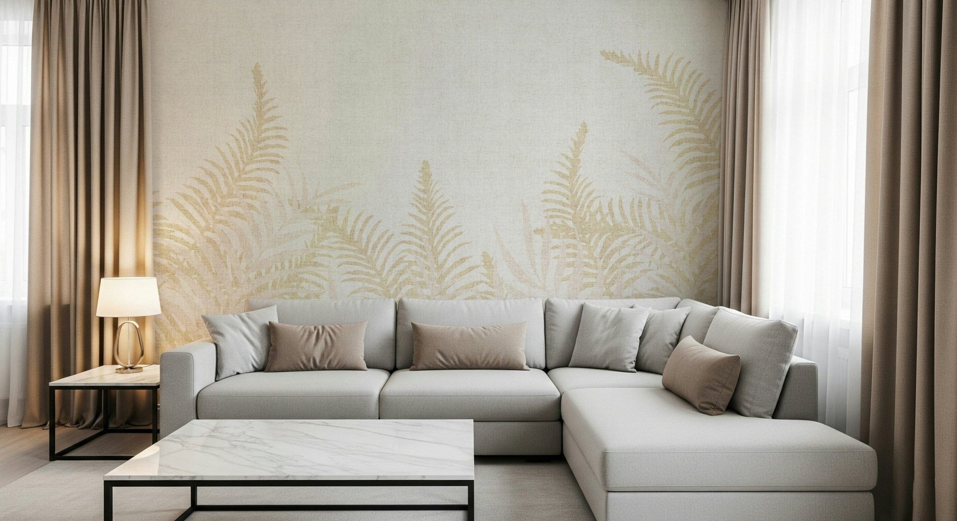 Into The Jungle wall mural, light colored botanical wallcovering.
