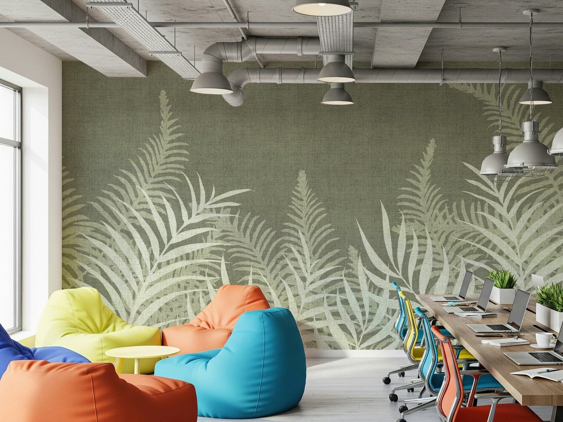 Distinctive botanical wallpaper with overlapping light leaf shapes.