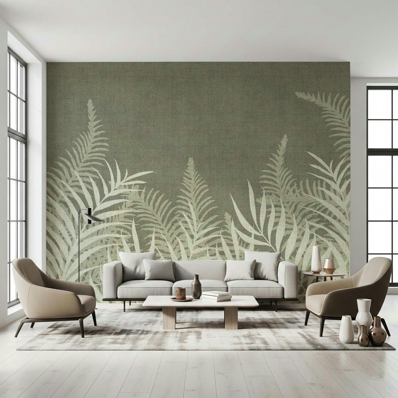 Naturalistic leaf design wallpaper in a refined sage palette.