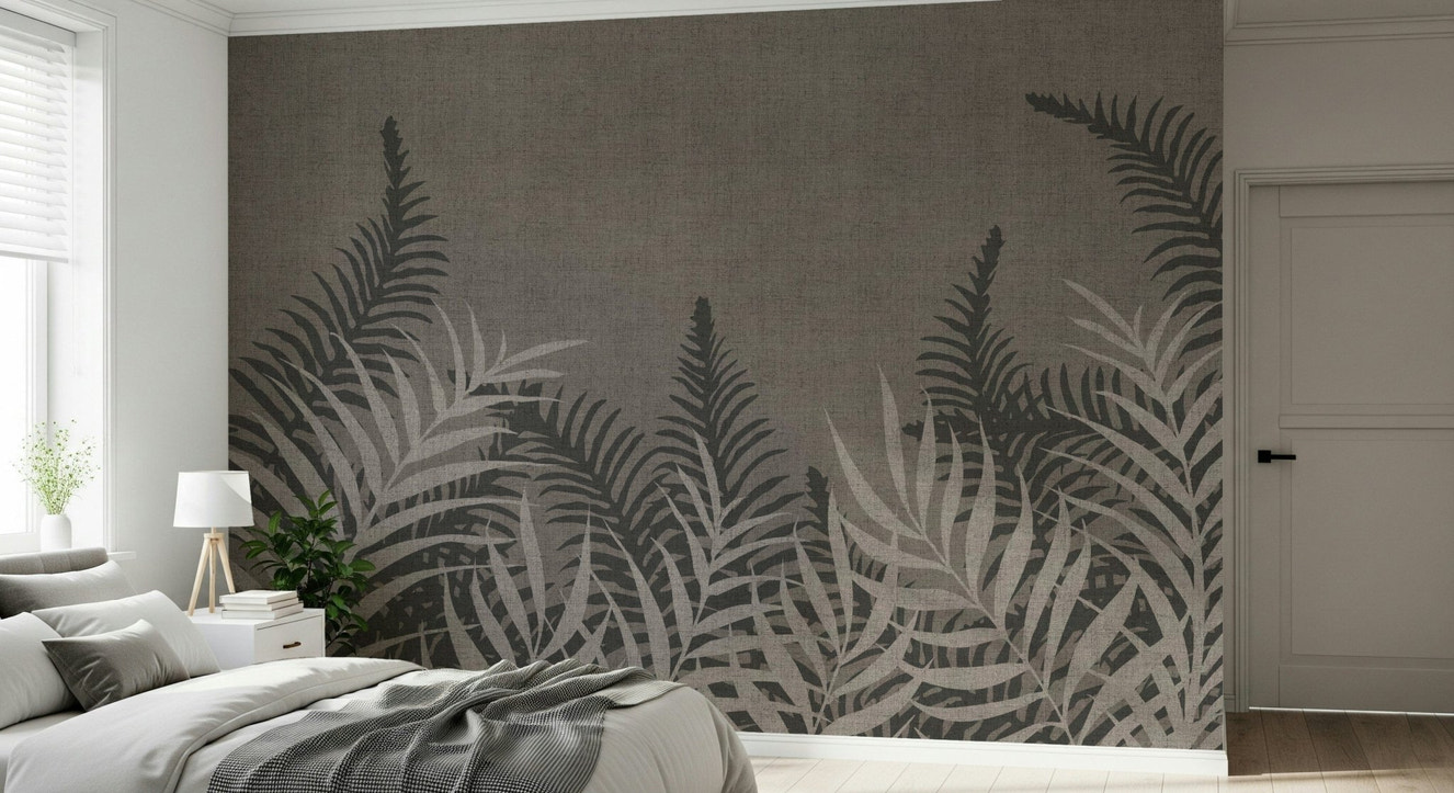 Grayish-brown jungle wallpaper for walls, layered foliage.