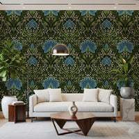 Intricate floral damask - blue Wallpaper
