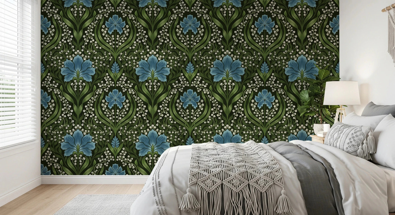 Intricate floral damask - blue Wallpaper