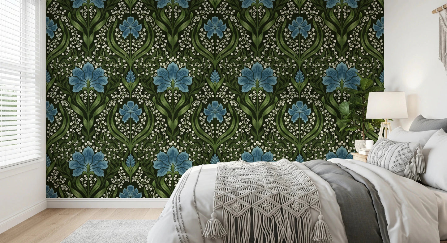Intricate floral damask - blue Wallpaper