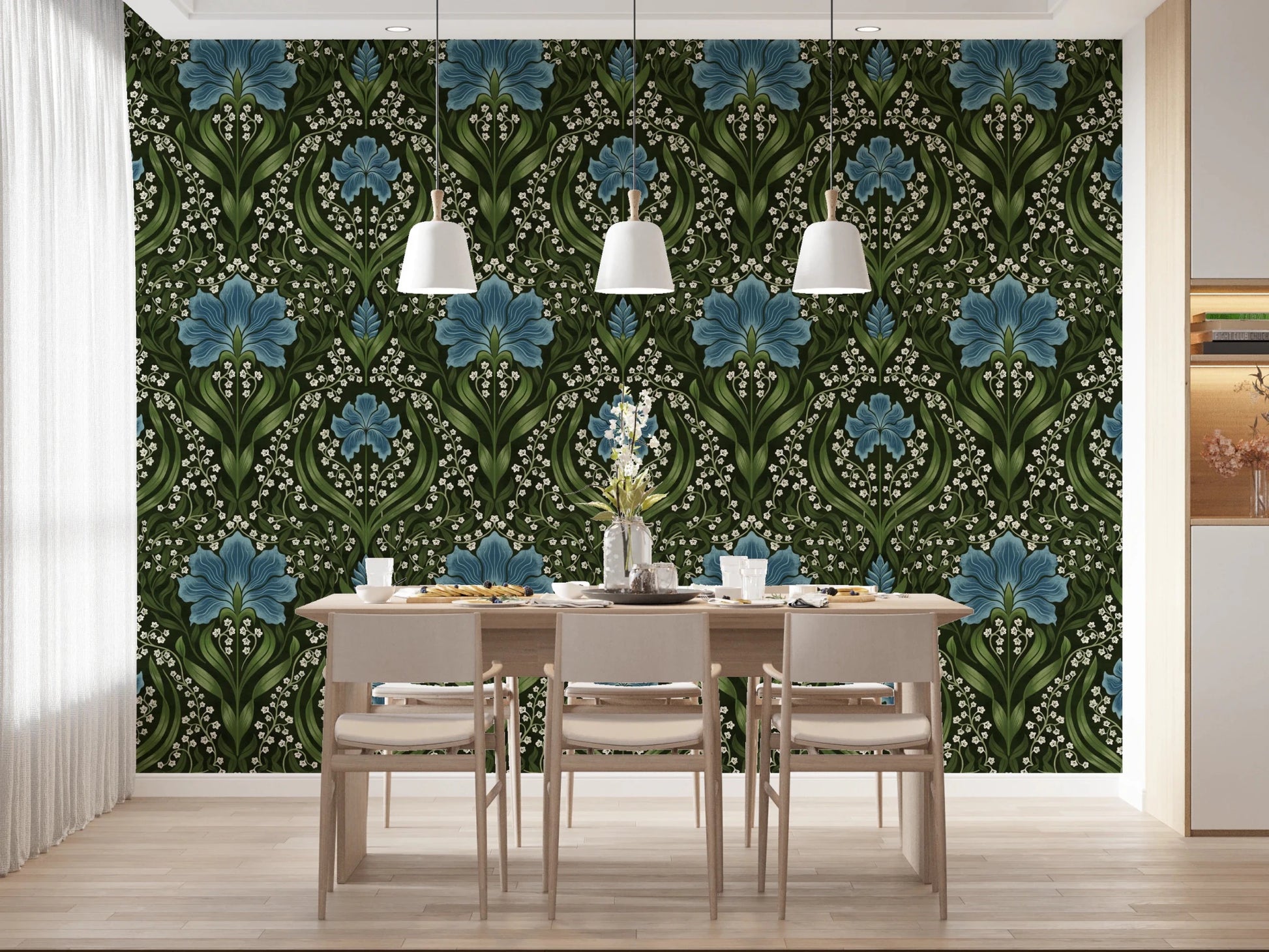 Intricate floral damask - blue Wallpaper