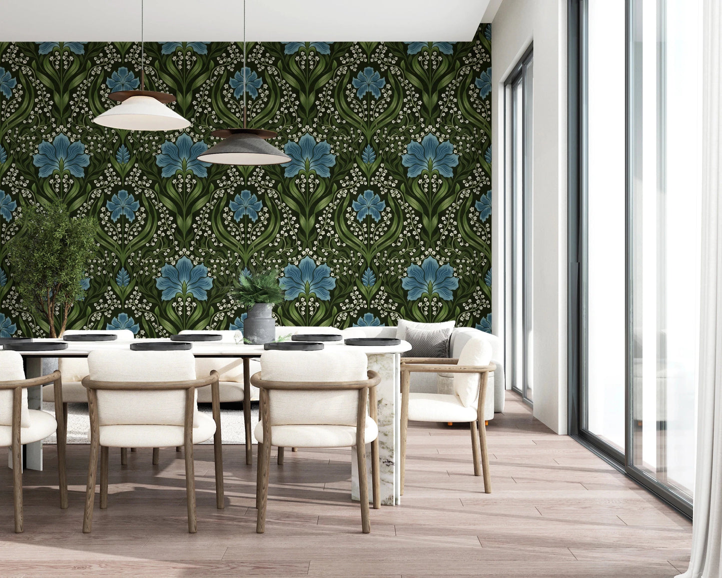 Intricate floral damask - blue Wallpaper