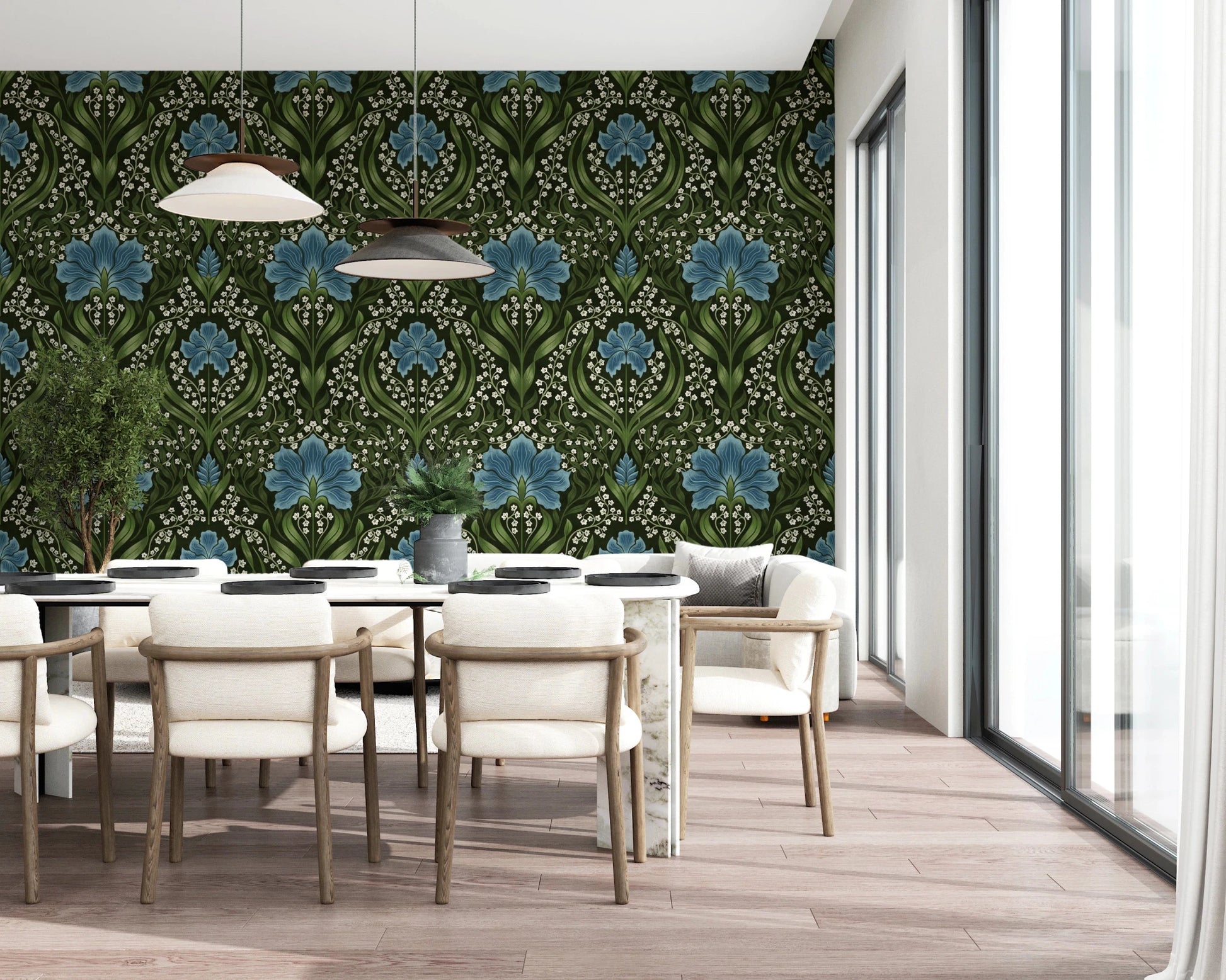 Intricate floral damask - blue Wallpaper