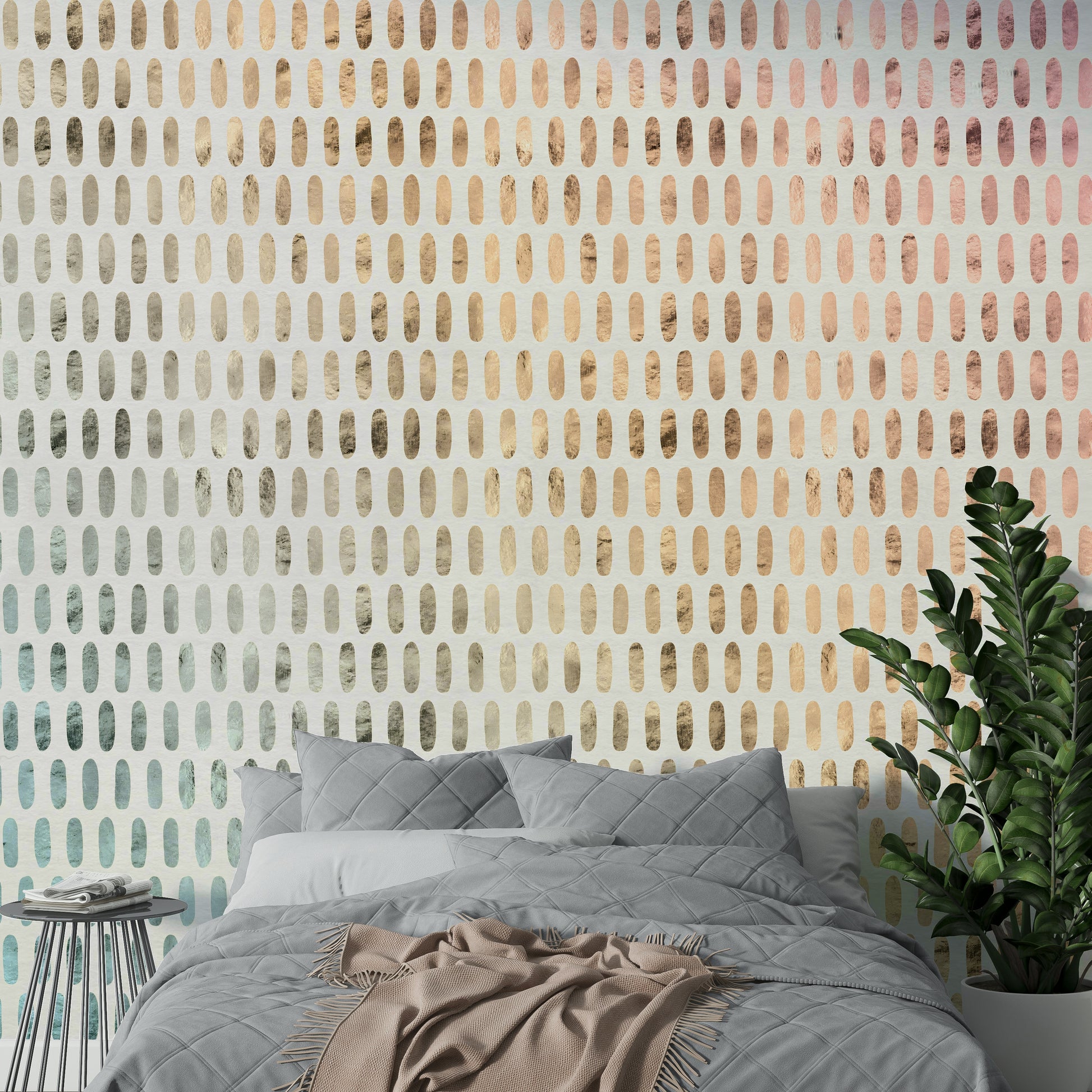 Translucent iridescent ovals on soft white wall mural for a sleek look.

