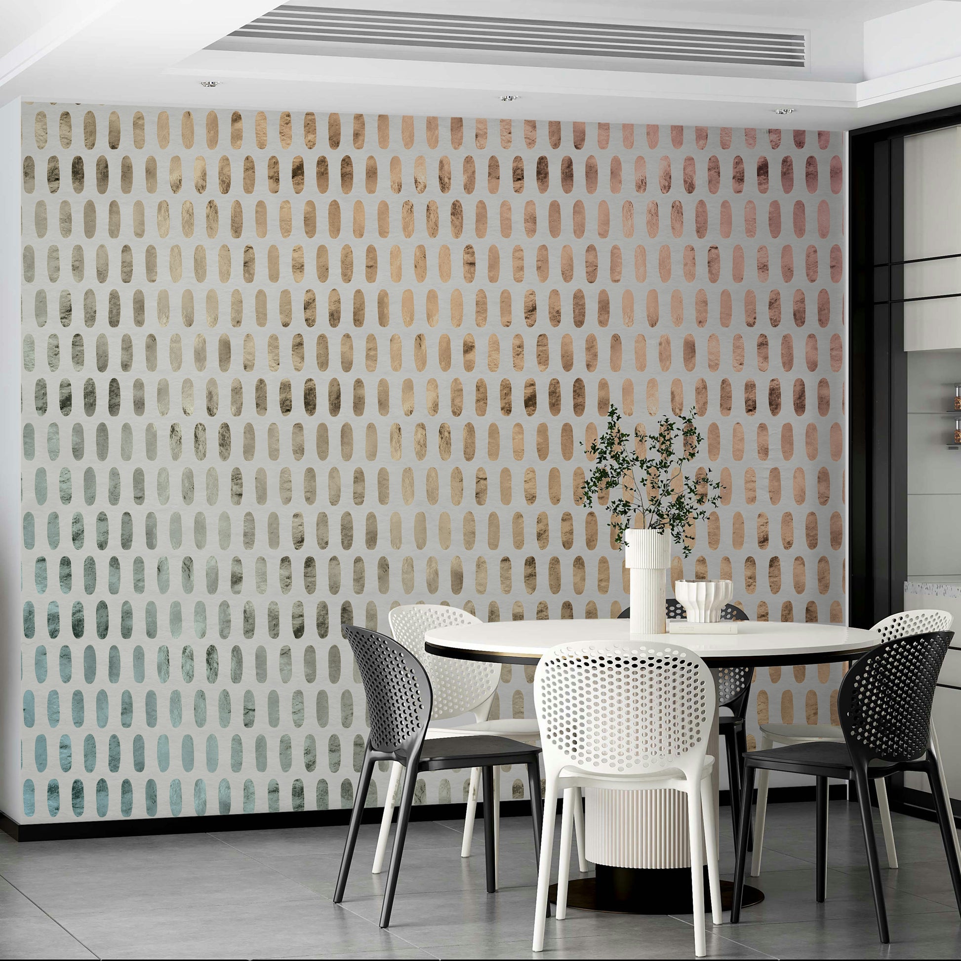 Elegant iridescent ovals in a soft white background mural.

