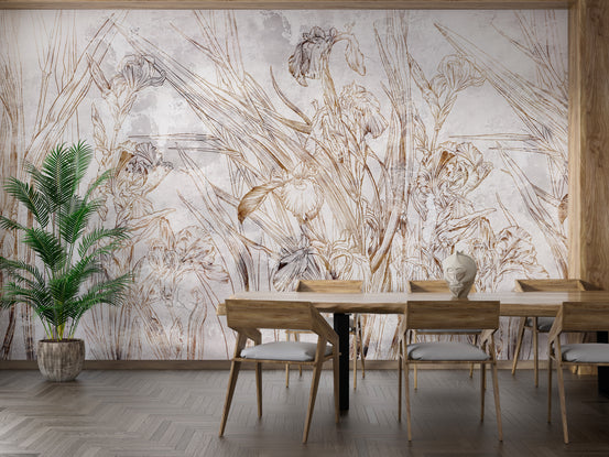 Irises floral pattern wallpaper mural shown as a full feature wall that highlights the design