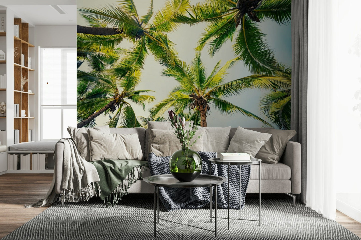 Palm tree photo, light and shadow play, Island Breeze room aesthetic wallpaper mural.