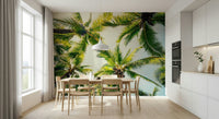 Island Breeze wall mural, vibrant coconut palms, green tropic leaves.