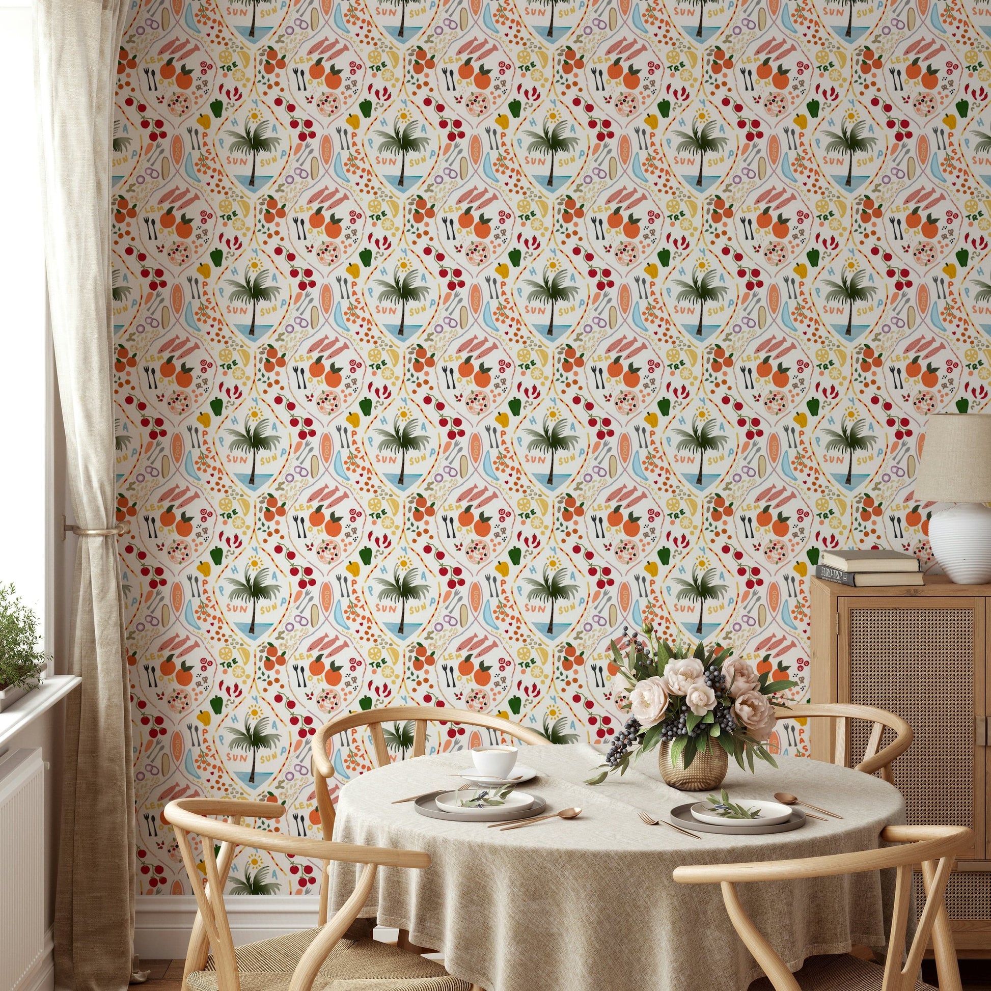 A graceful subtle pattern wall mural in bright, tropical tones.

