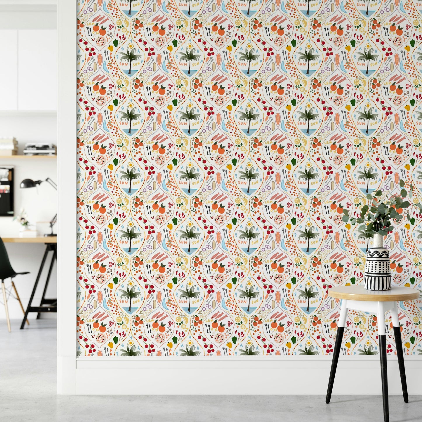 An artistic exotic fruit mural on minimalist wallpaper.

