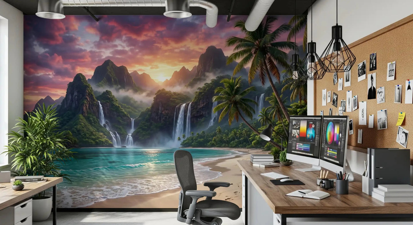 Bright island waterfalls wall mural for a calming Office wall decor.