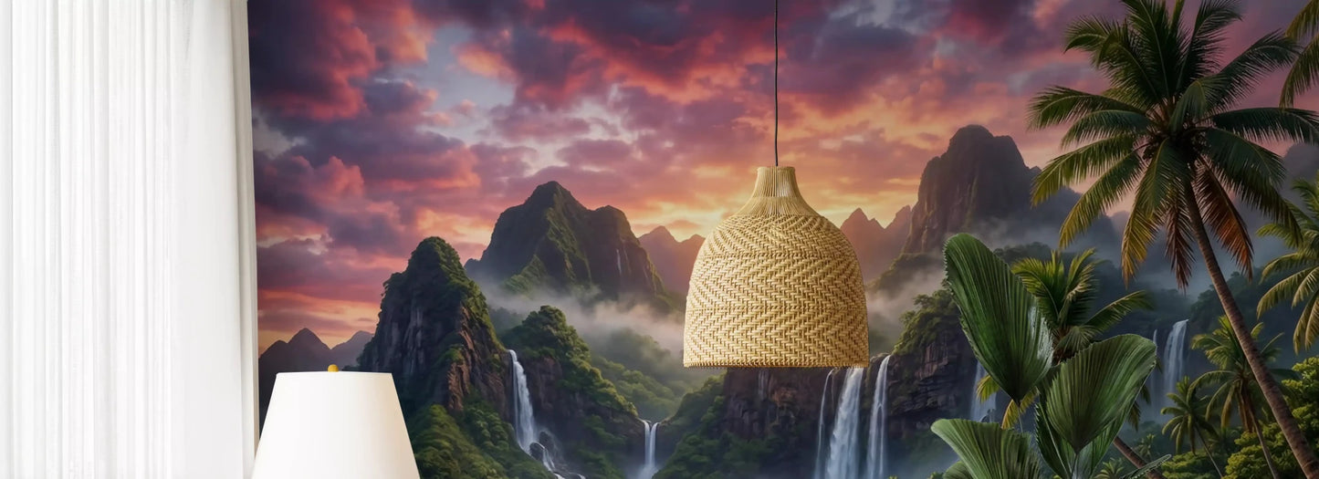 Nature-inspired island waterfalls wall mural in a modern area.