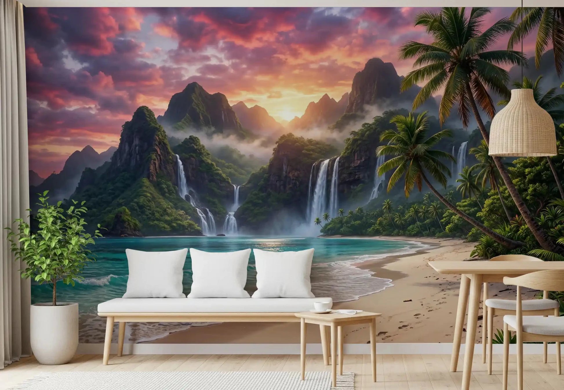 Vibrant green island waterfalls wall mural for an Dining accent wall.