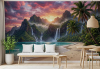 Vibrant green island waterfalls wall mural for an Dining accent wall.