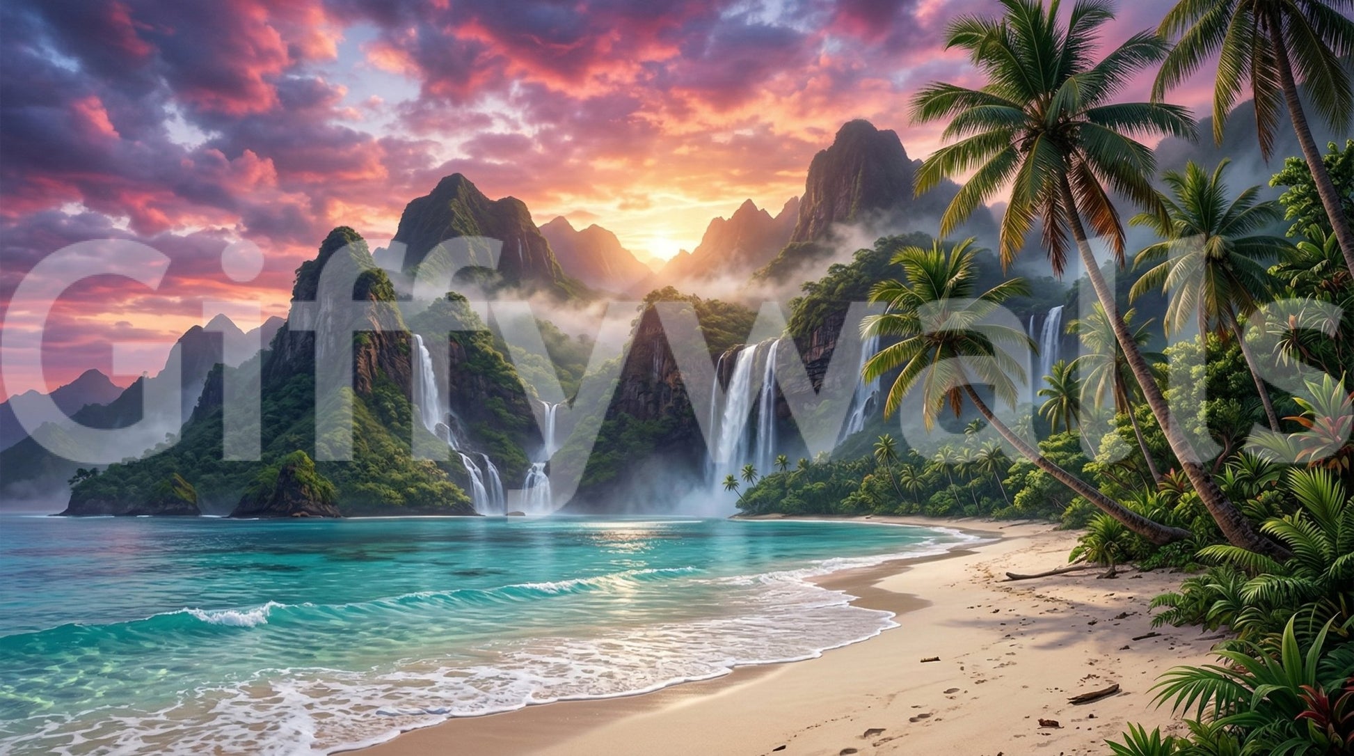 Refreshing island waterfalls wall mural with vivid blue water.