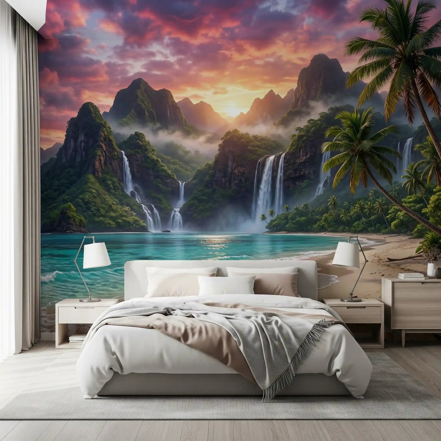 Tropical island waterfalls wall mural for a serene bedroom wall decor.