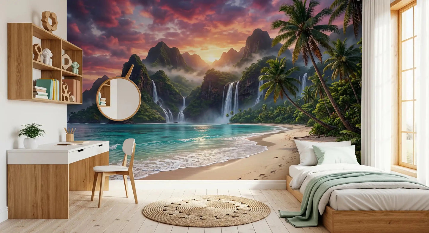 Realistic island waterfalls wall mural with cool color palette for Kids room.