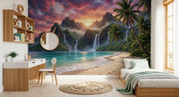 Realistic island waterfalls wall mural with cool color palette for Kids room.
