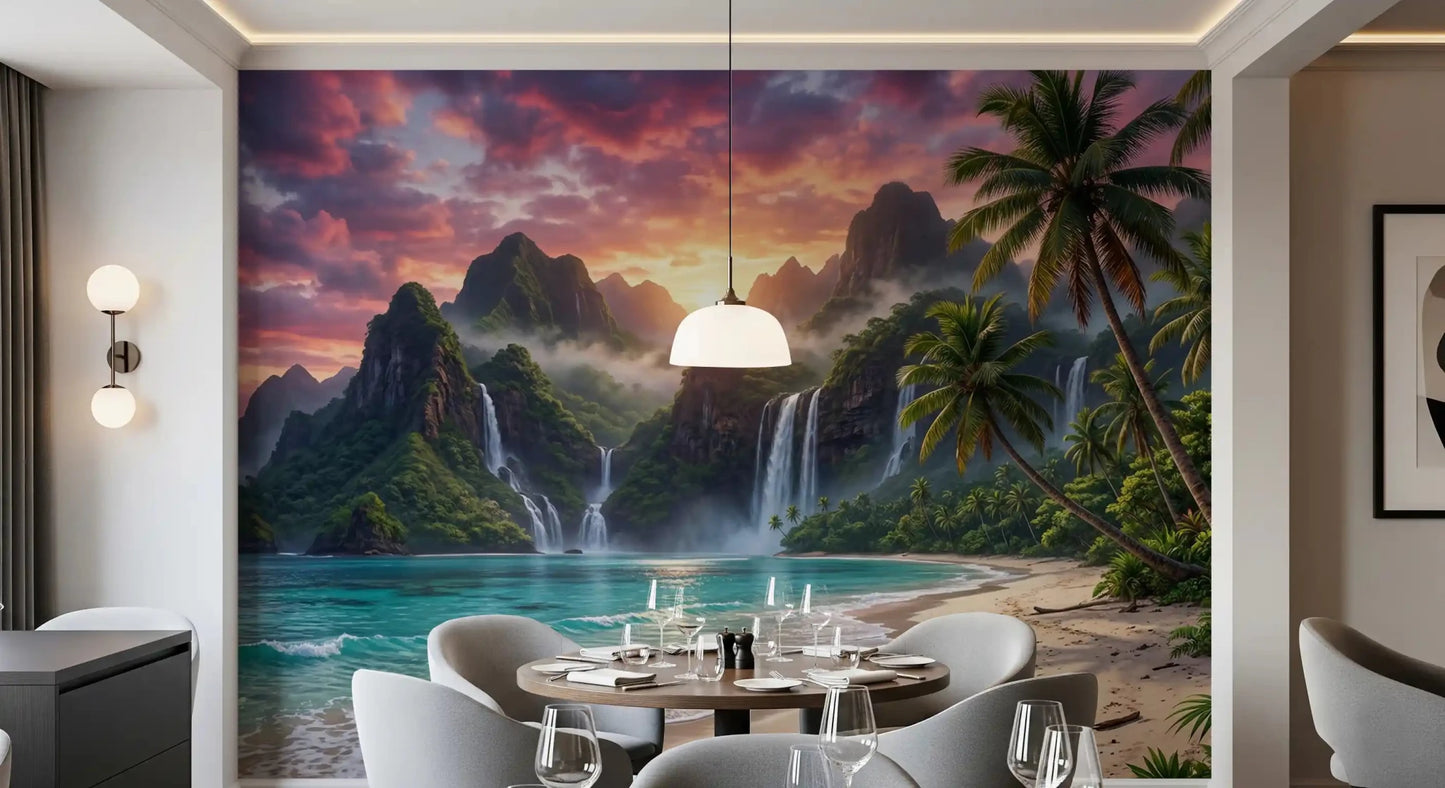 Large island waterfalls wall mural featuring lush nature for Dining Room.