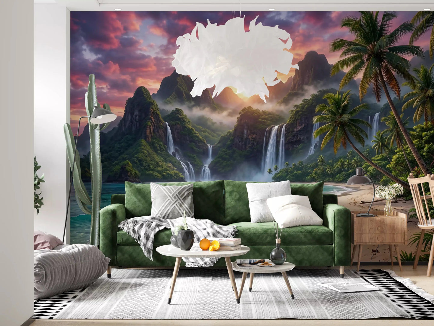 Peaceful island waterfalls wall mural for a Hallway feature wall.