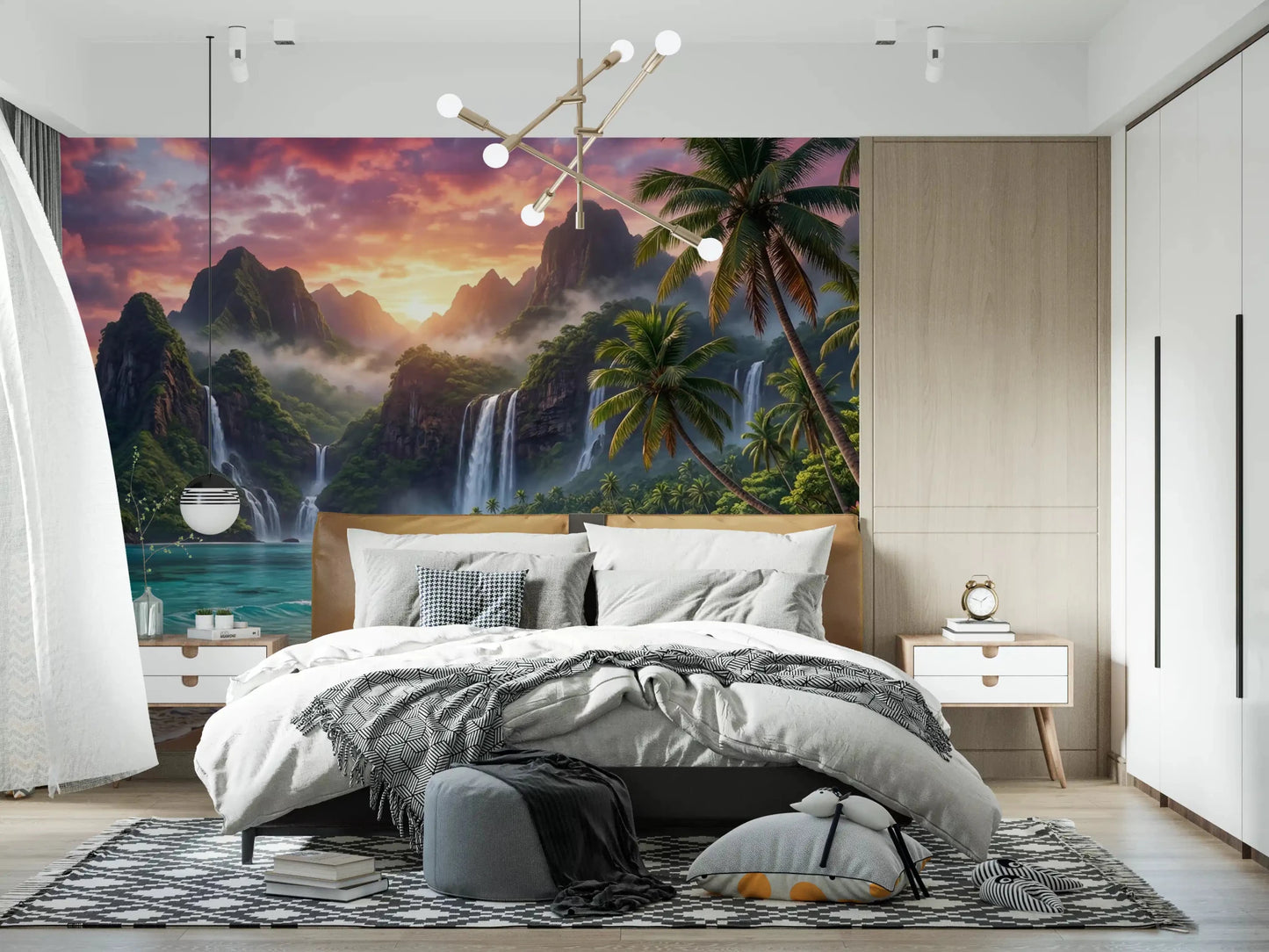 Detailed island waterfalls wall mural for a Bedroom.