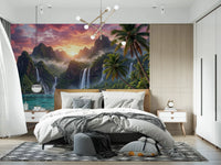 Detailed island waterfalls wall mural for a Bedroom.