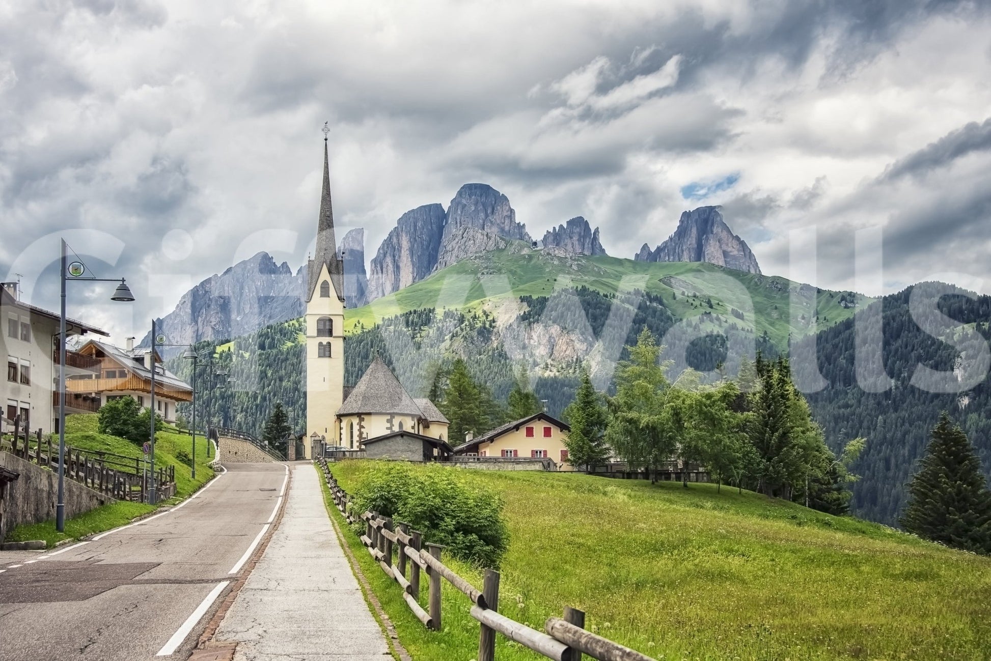 Italian Alps Vista mountain scape wall decor, vibrant grassy slope.