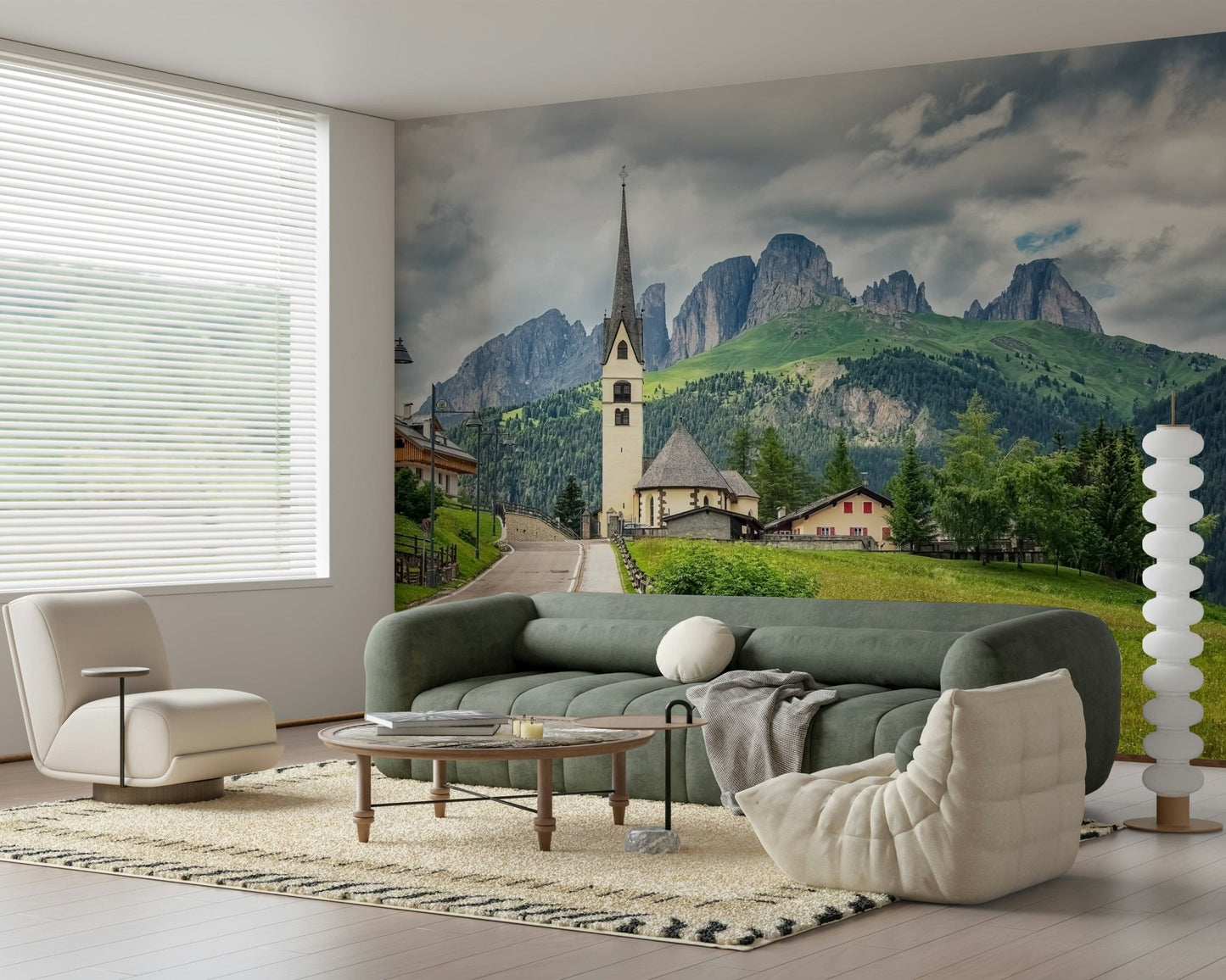 Italian Alps Vista wallcovering, high mountain pasture scene.