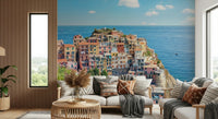 Coastal village view in Italian coastline charm watercolor wallpaper mural