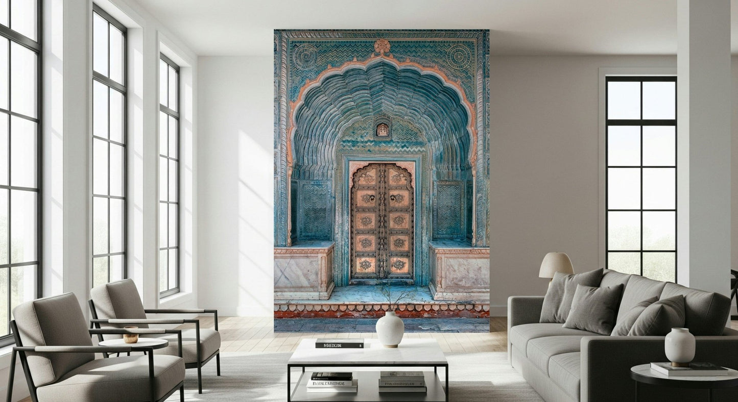 Regal Jaipur Archway wall art ceremonial doorway Indian palace detailed view.