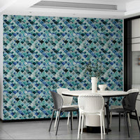 Blue and beige wallpaper in Japandi vintage style

