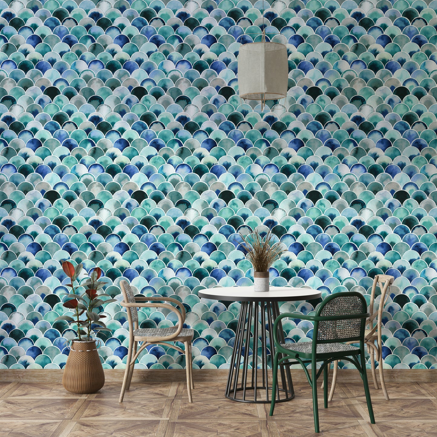 Minimalist Japandi design in vintage blue wallpaper

