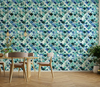 Blue wallpaper with geometric Art Deco accents

