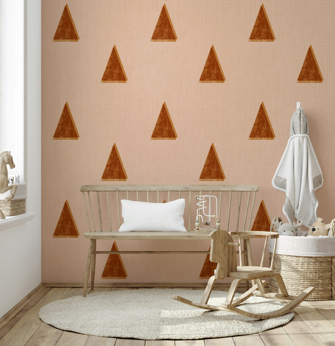 An artistic mid century modern mural on elegant wallpaper.

