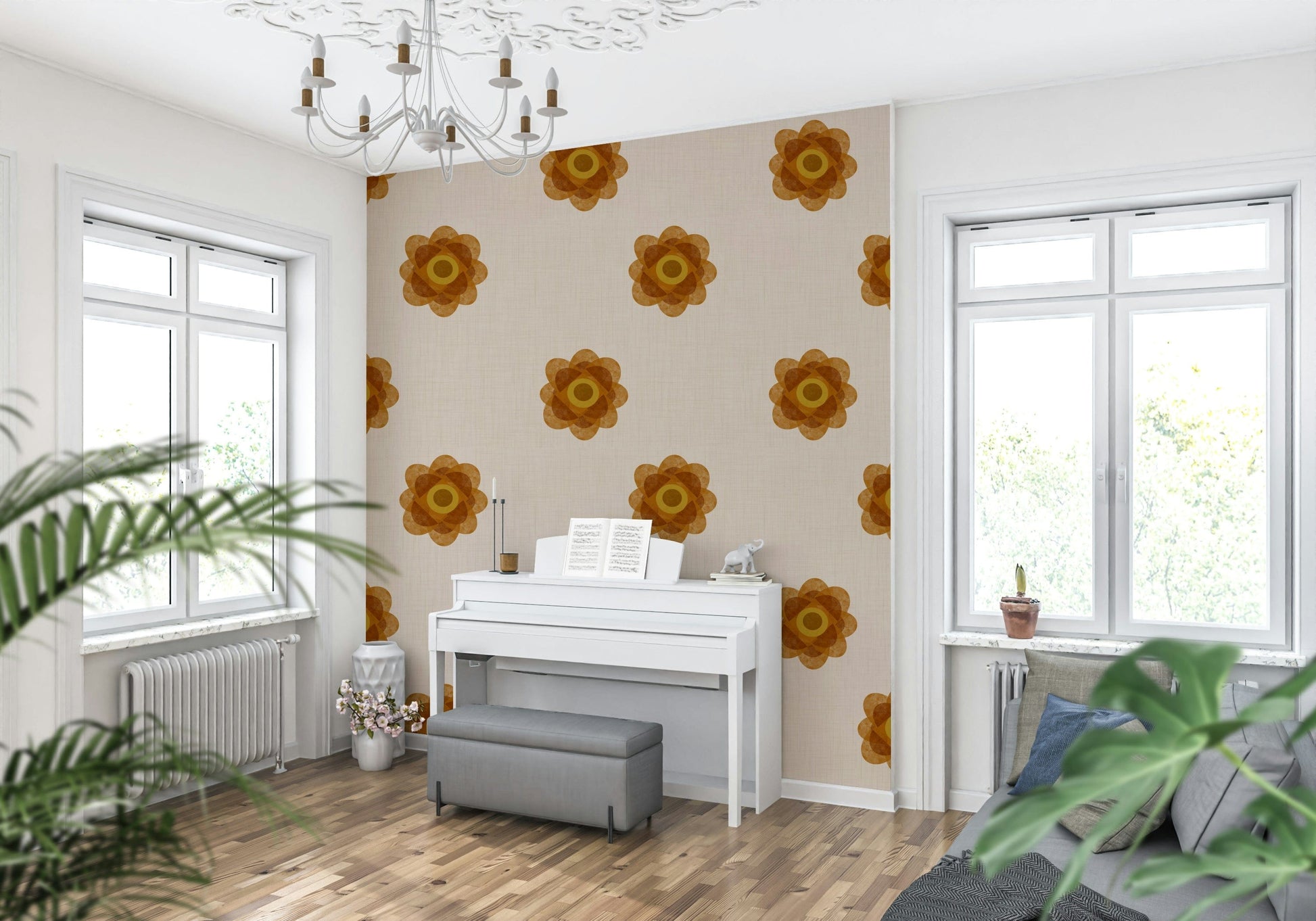A beautiful modern art wall mural of linen flowers.