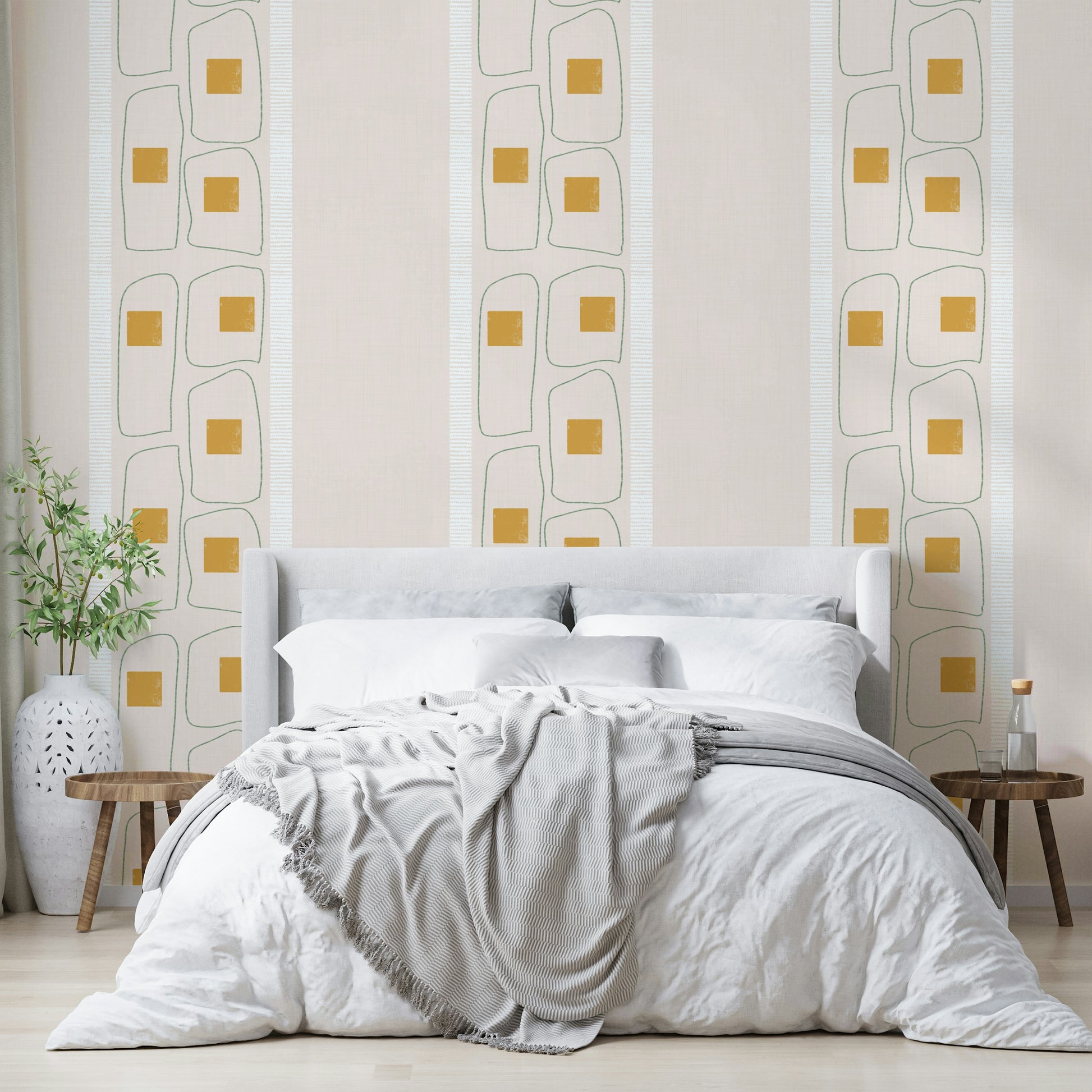 Japandi eggshell wallpaper with minimalist frame details

