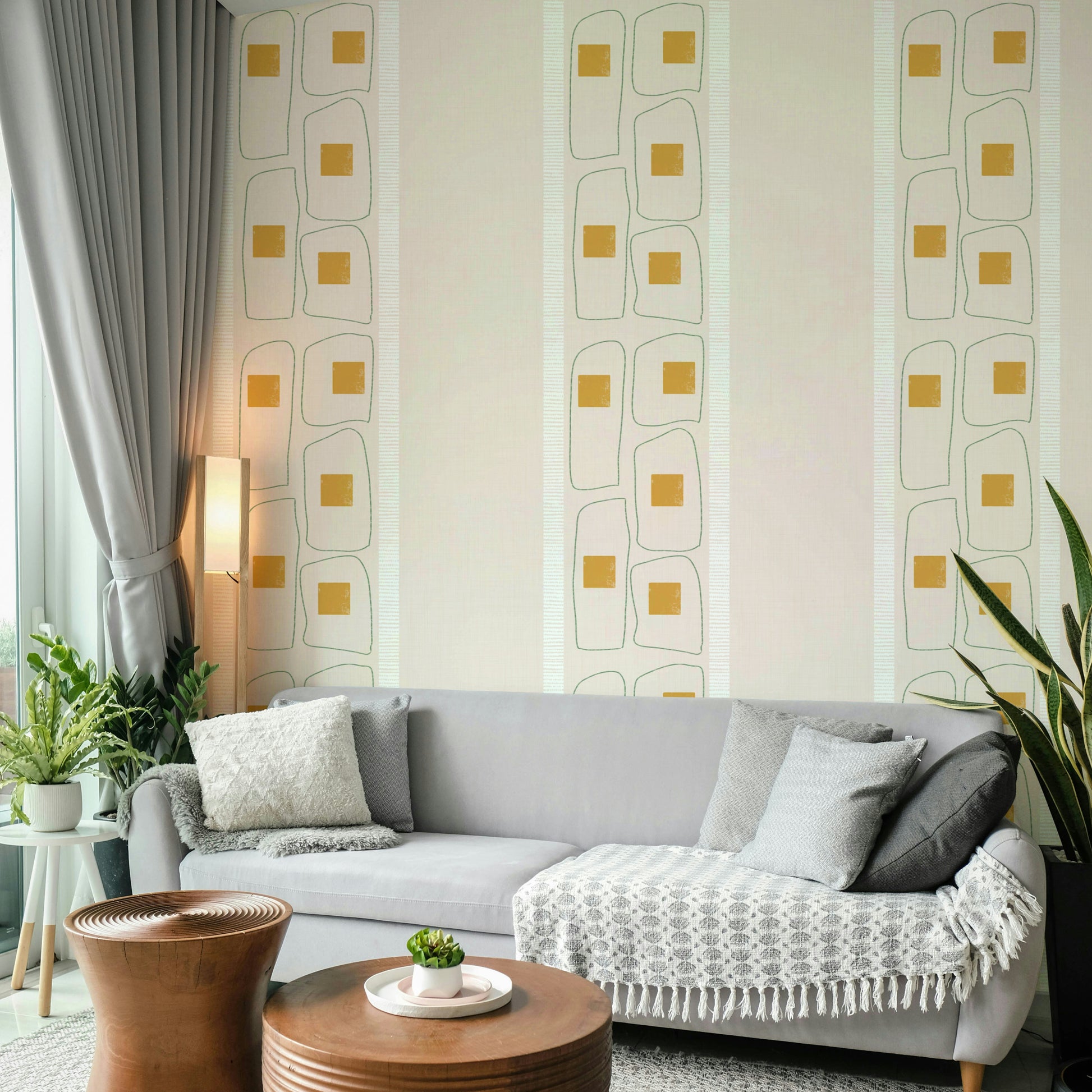 Japandi wallpaper featuring subtle frame line pattern

