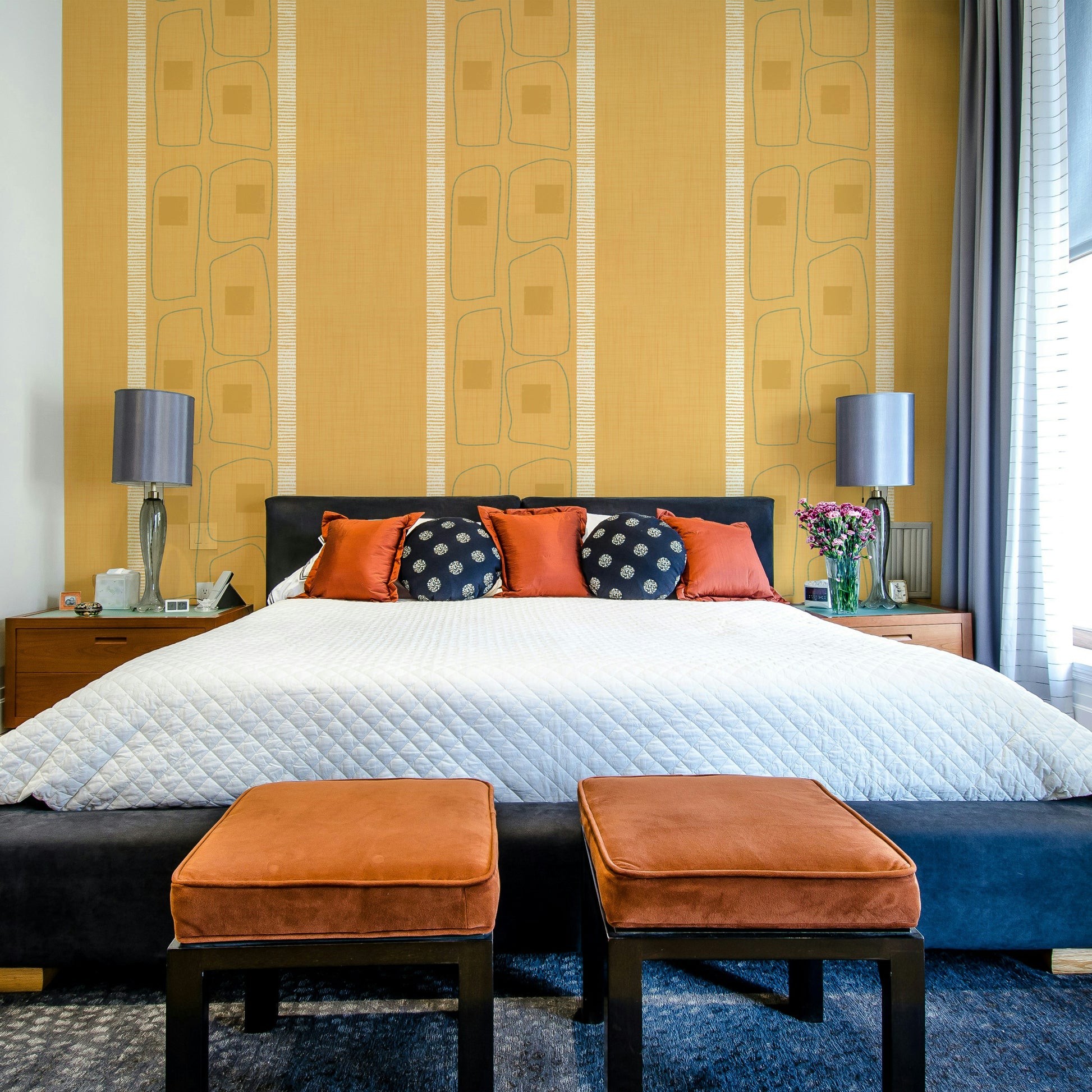 Golden ochre wallpaper featuring Japandi frame line pattern

