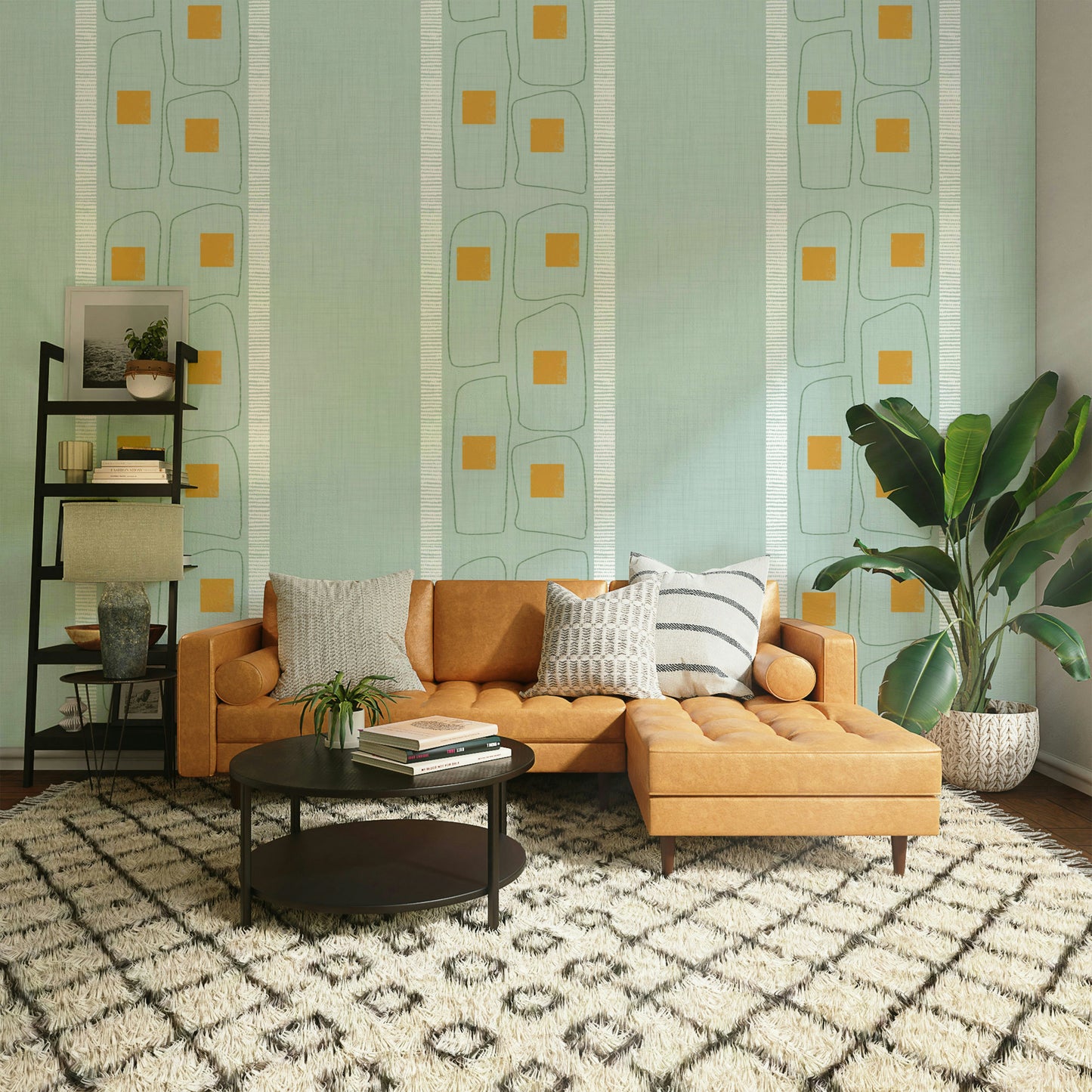Japandi-inspired soft blue wallpaper with linear frames

