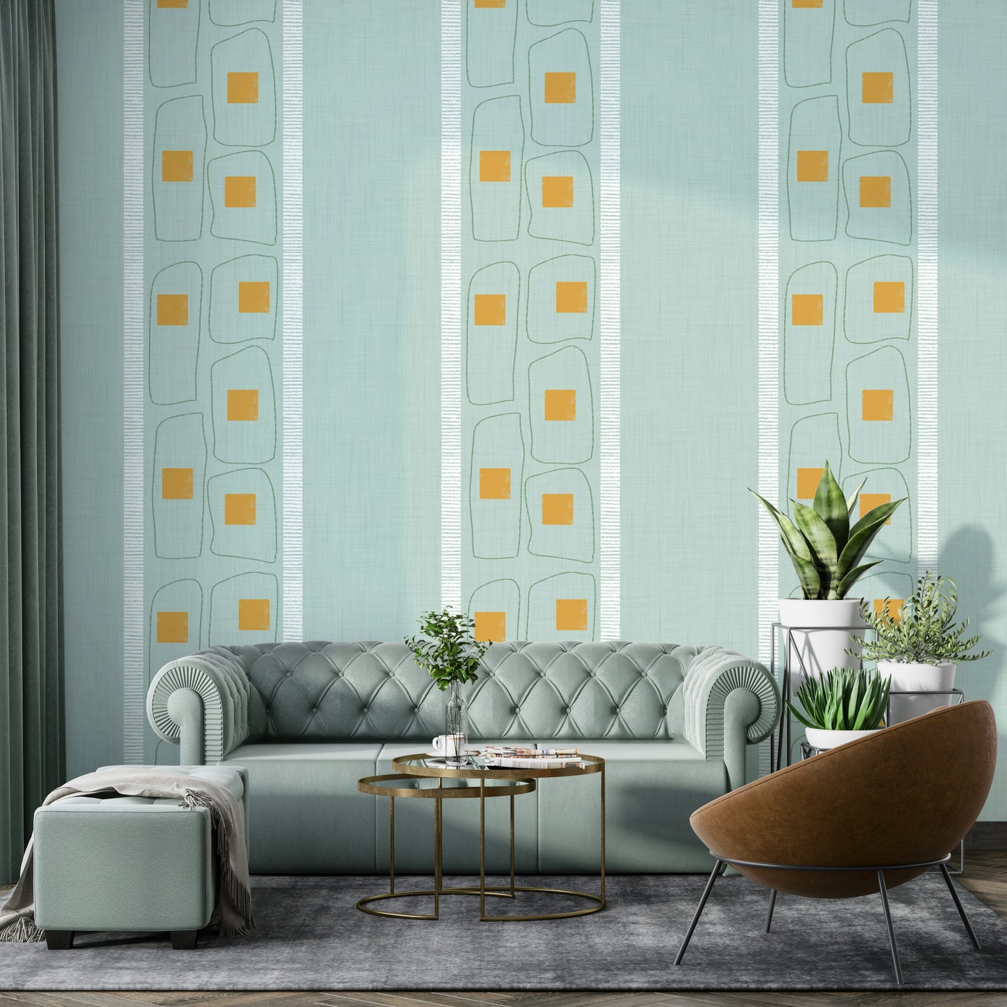 Soft blue wallpaper with thin frame line design

