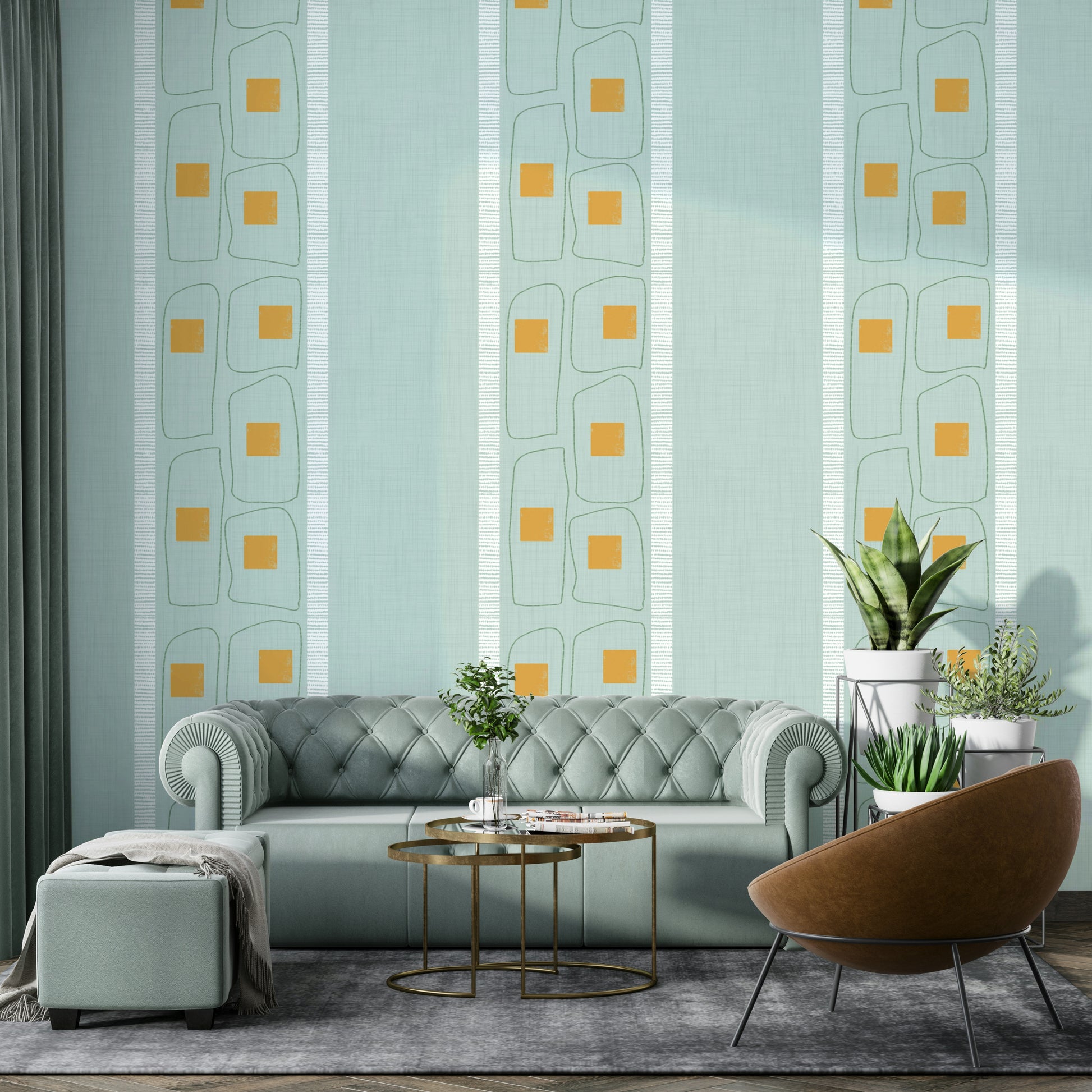 Soft blue wallpaper with thin frame line design

