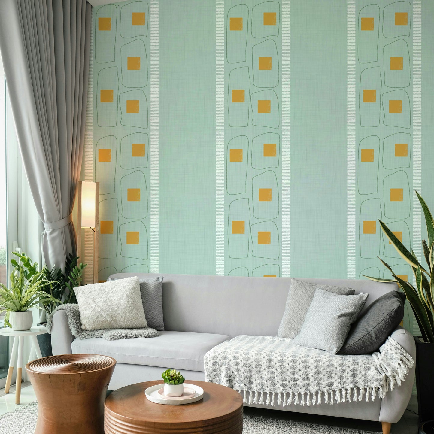 Elegant Japandi style wallpaper featuring blue lines

