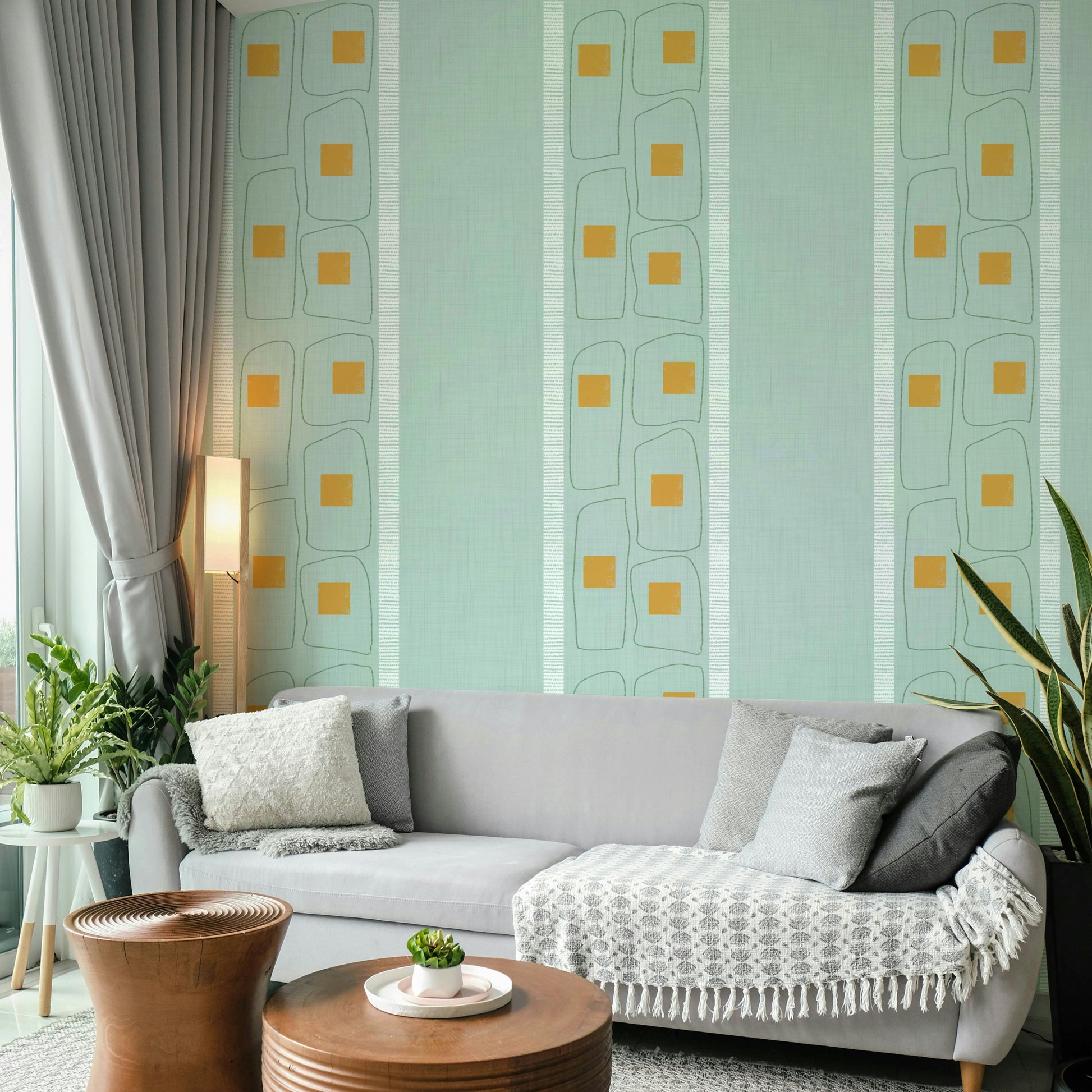 Elegant Japandi style wallpaper featuring blue lines

