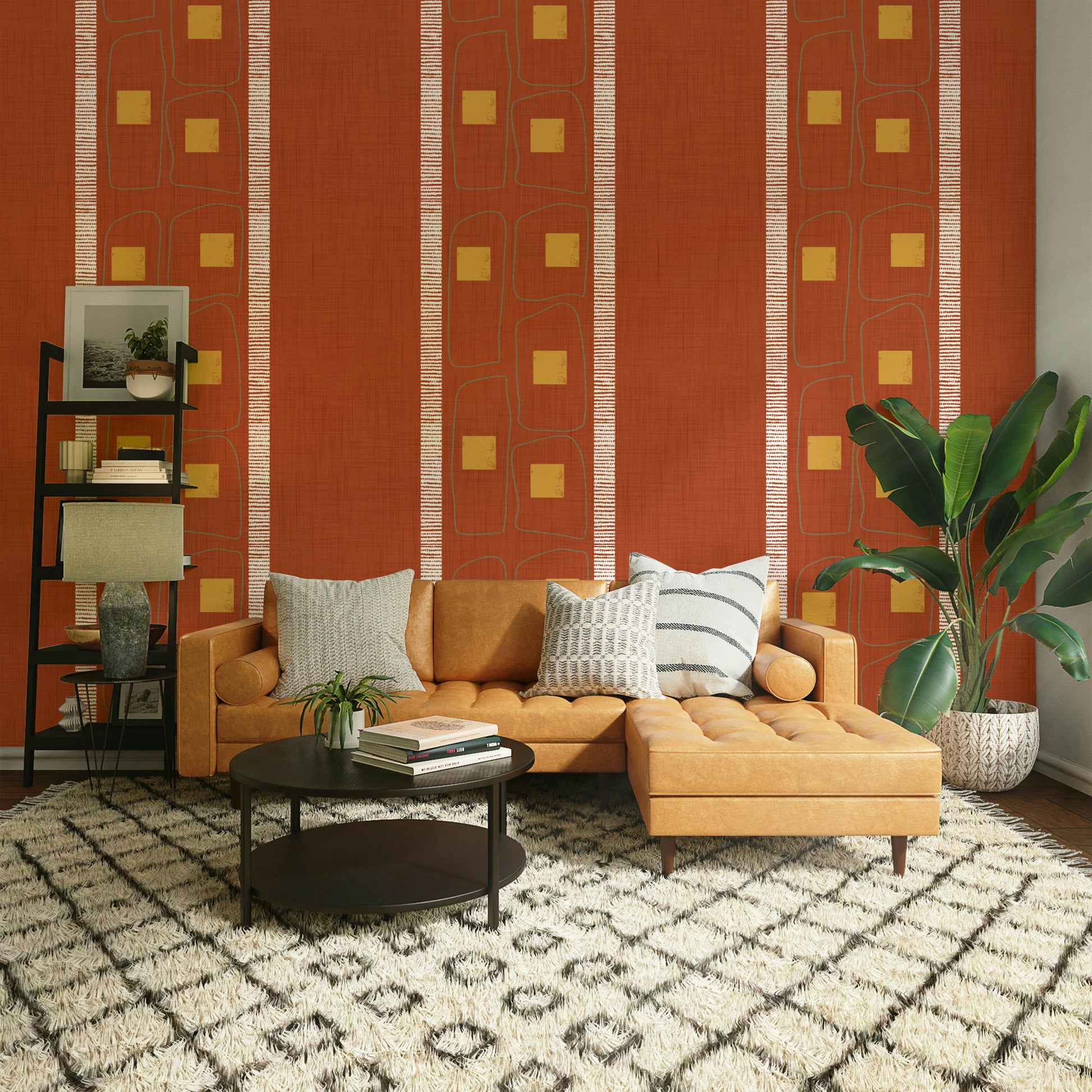 Terracotta wall covering with Japandi-inspired frame lines

