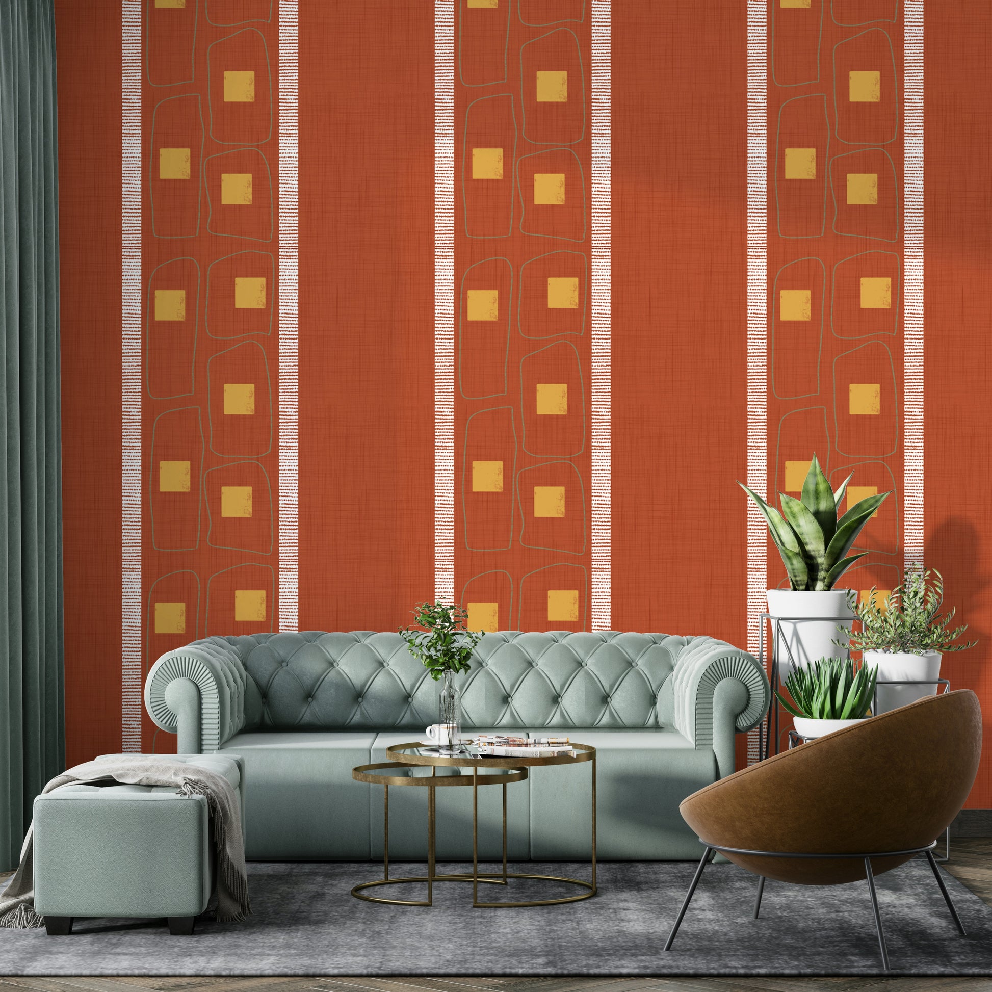 Japandi style terracotta wallpaper with geometric frames

