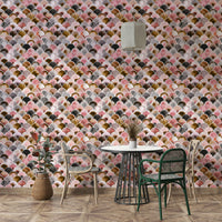 Art Deco wall covering with soft Japandi palette

